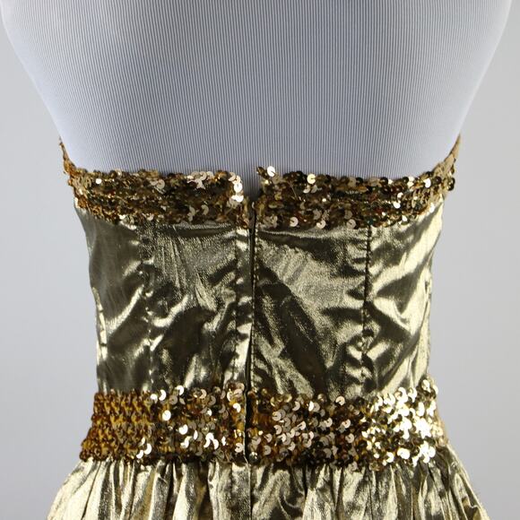 1980s XS Metallic Gold Strapless Gunne Sax Dress with Gold Sequin Belt - Picture 7 of 9